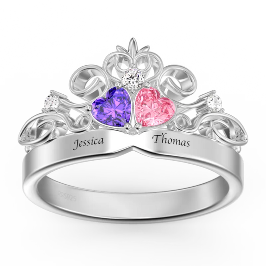 Personalized heart-shaped ring with birthstone and engraving of 2 names