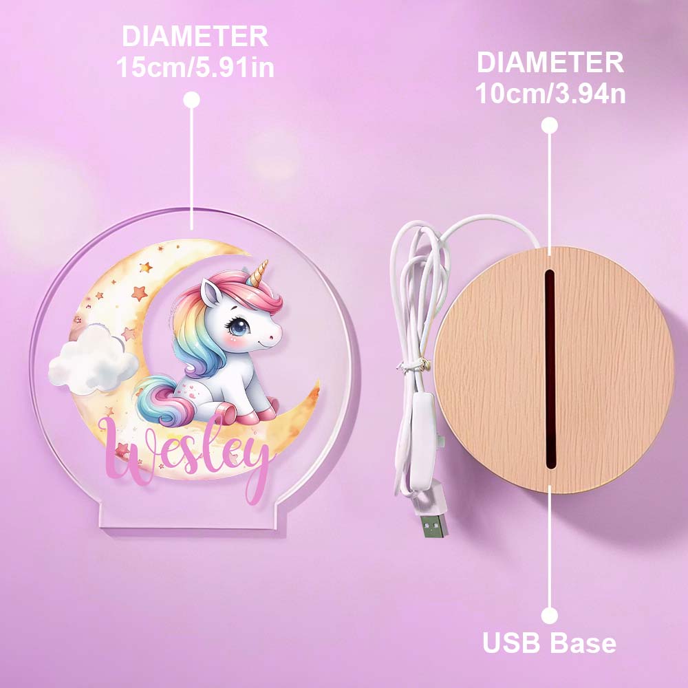 Veilleuse LED personnalisée Licorne Lune avec prénom