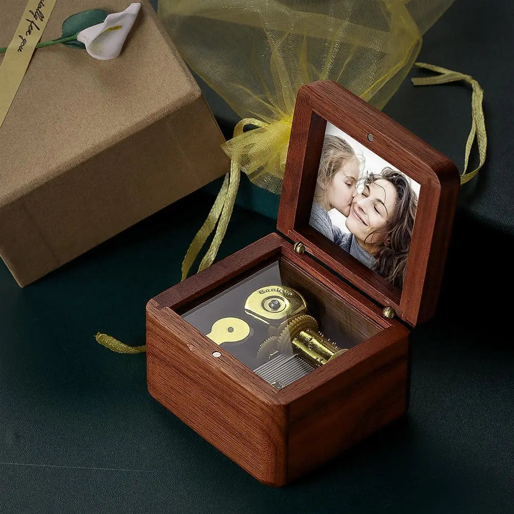 Personalized vintage wooden music box with photo