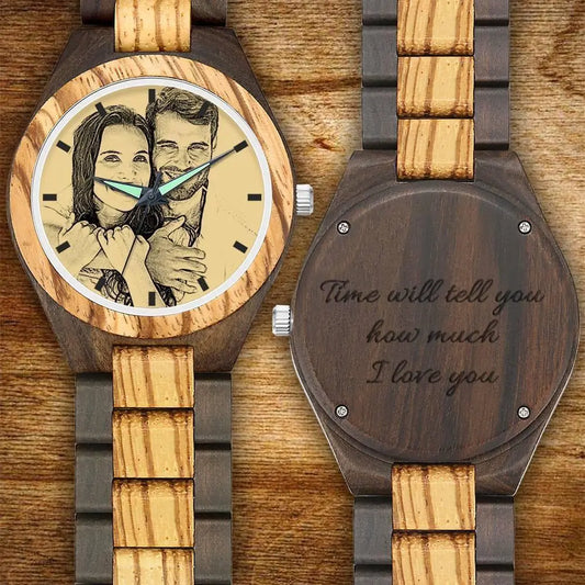 Men's wooden watch with a wooden strap engraved with a personalized photo, 45 mm