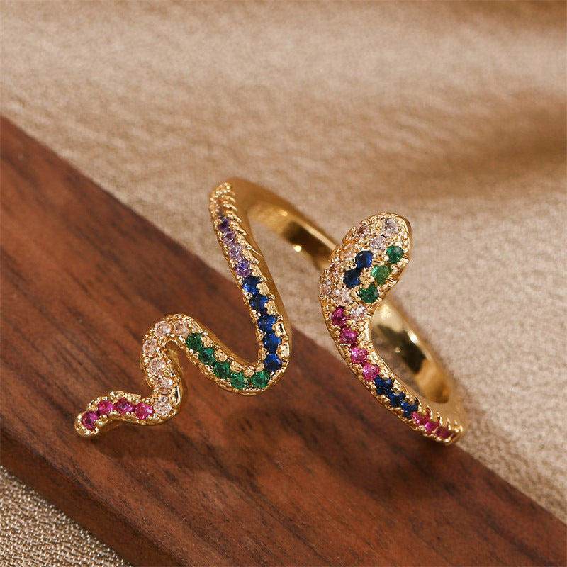 Bague ajustable en zircon et cuivre avec motif serpent