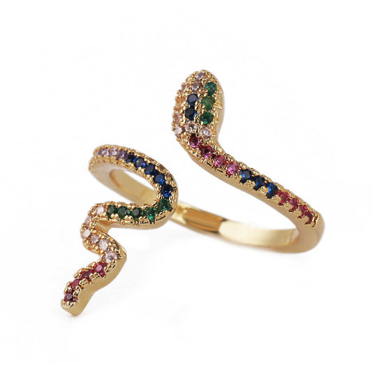 Adjustable ring in zircon and copper with a snake motif