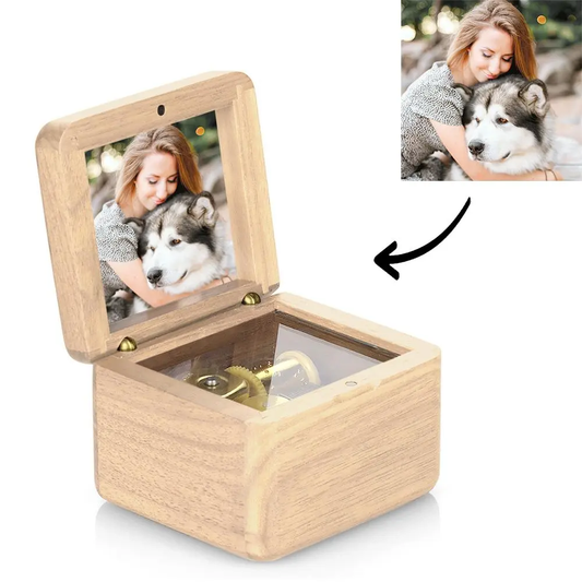 Personalized vintage wooden music box with photo