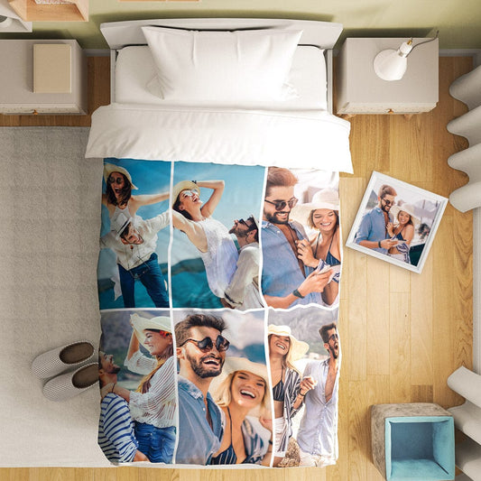 Personalized duvet cover with photo collage for a single bed
