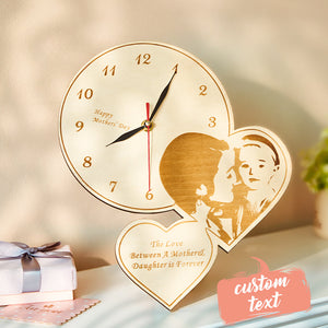 Custom Photo Heart Clock Wooden Engraved