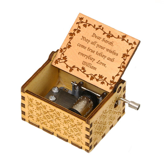 Wooden music box with hand crank, engraved and personalized with text