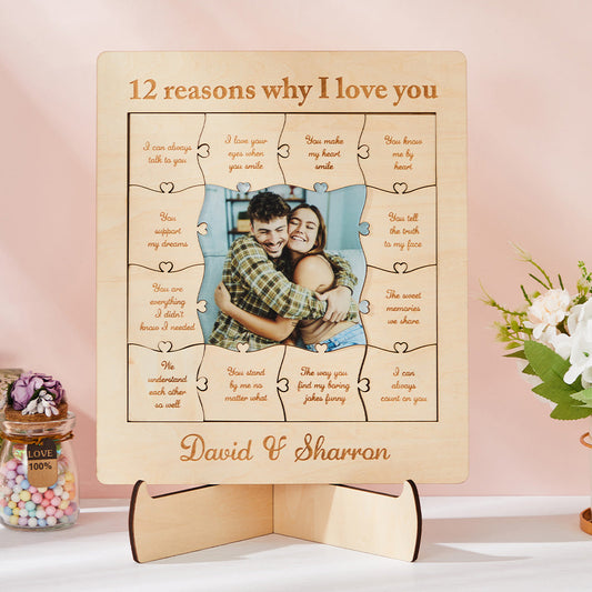 Personalized acrylic wood puzzle with photo and name "12 reasons why I love you"