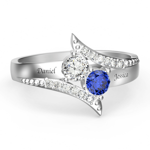 Two Birthstones Engraved Ring 925 Sterling Silver