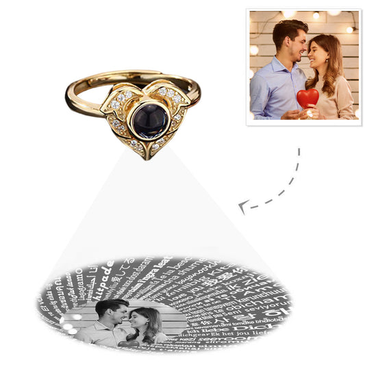 "I love you" projection ring in 100 languages with personalized heart-shaped photo