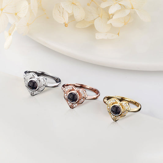 "I love you" projection ring in 100 languages with personalized heart-shaped photo
