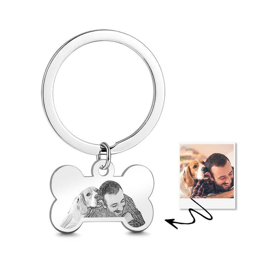 Personalized photo keychain in the shape of a bone