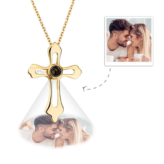 Personalized photo projection necklace with cross motif