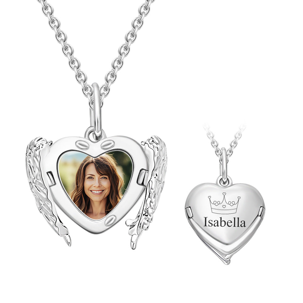 Personalized engraved medallion necklace, angel wings design