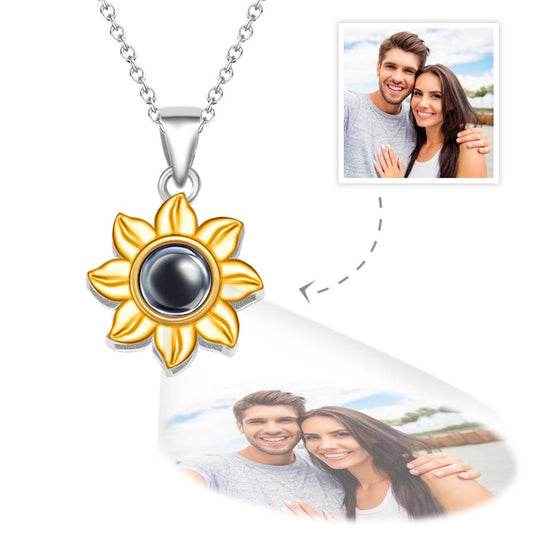 Sunflower pendant necklace with personalized projected photo in 925 sterling silver