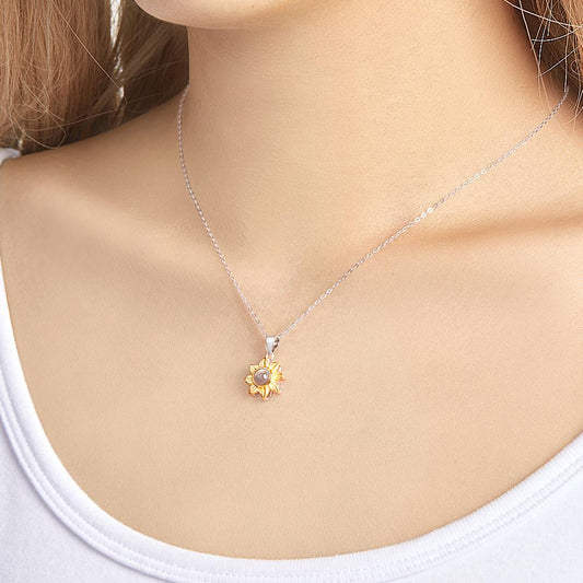 Sunflower pendant necklace with personalized projected photo in 925 sterling silver