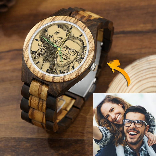 Men's wooden photo watch, custom engraved, 45 mm