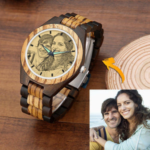 Men's Engraved Wooden Photo Watch Wooden Strap 45mm 2