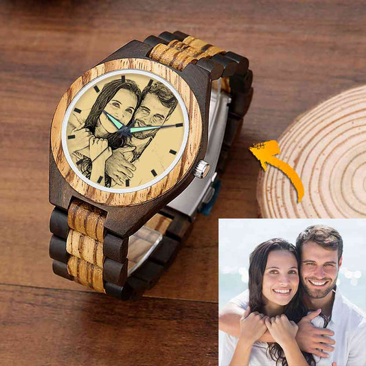 Men's wooden watch with a wooden strap engraved with a personalized photo, 45 mm
