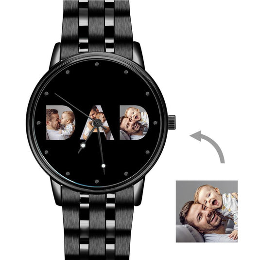 Personalized photo watch for men, black alloy strap