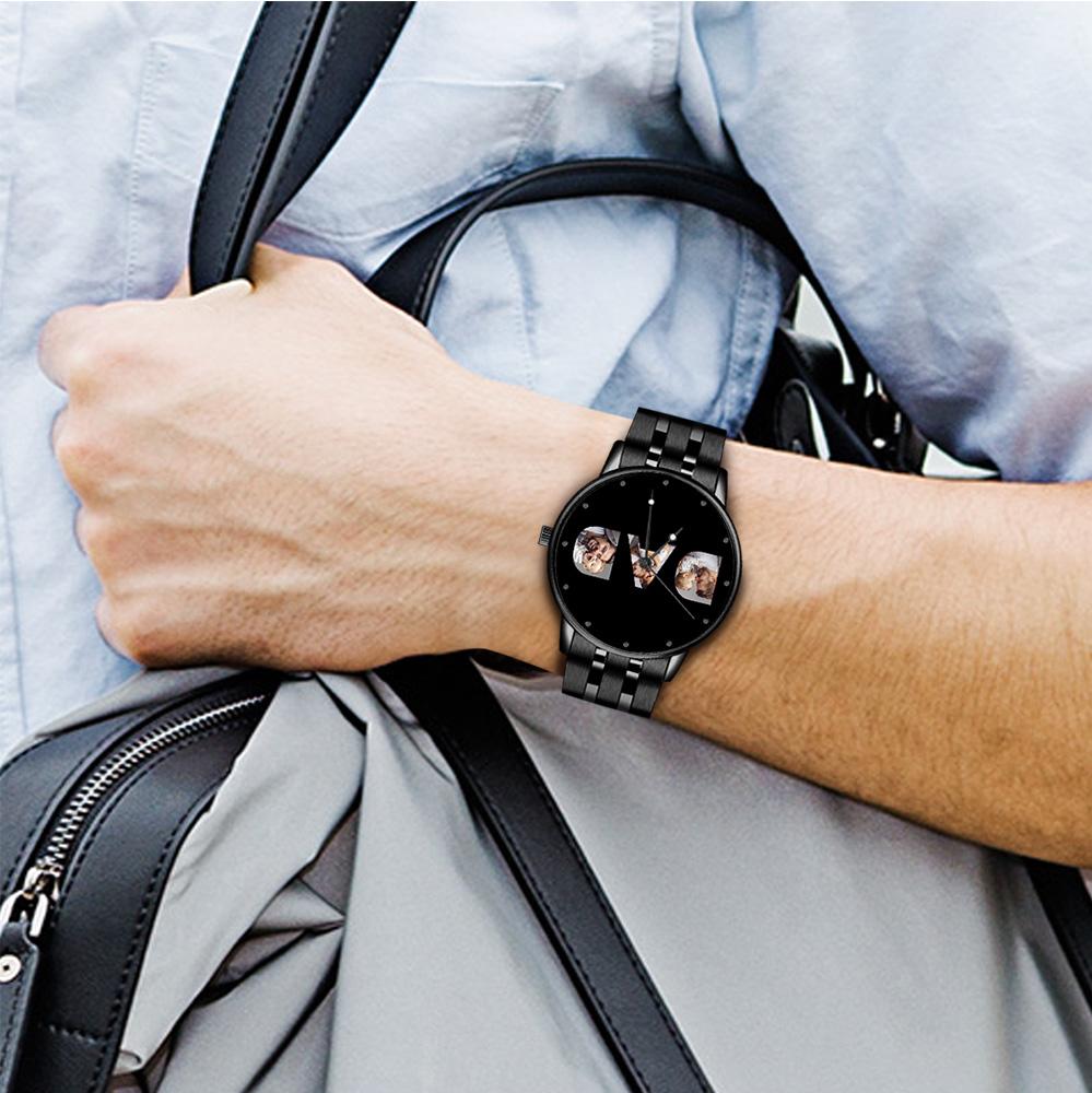 Montre photo personnalisée pour homme, bracelet en alliage noir