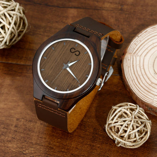 Personalized engraved wooden watch with 45mm leather strap