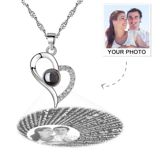 Collier à projection photo en forme de cœur « Je t'aime » personnalisé en 100 langues