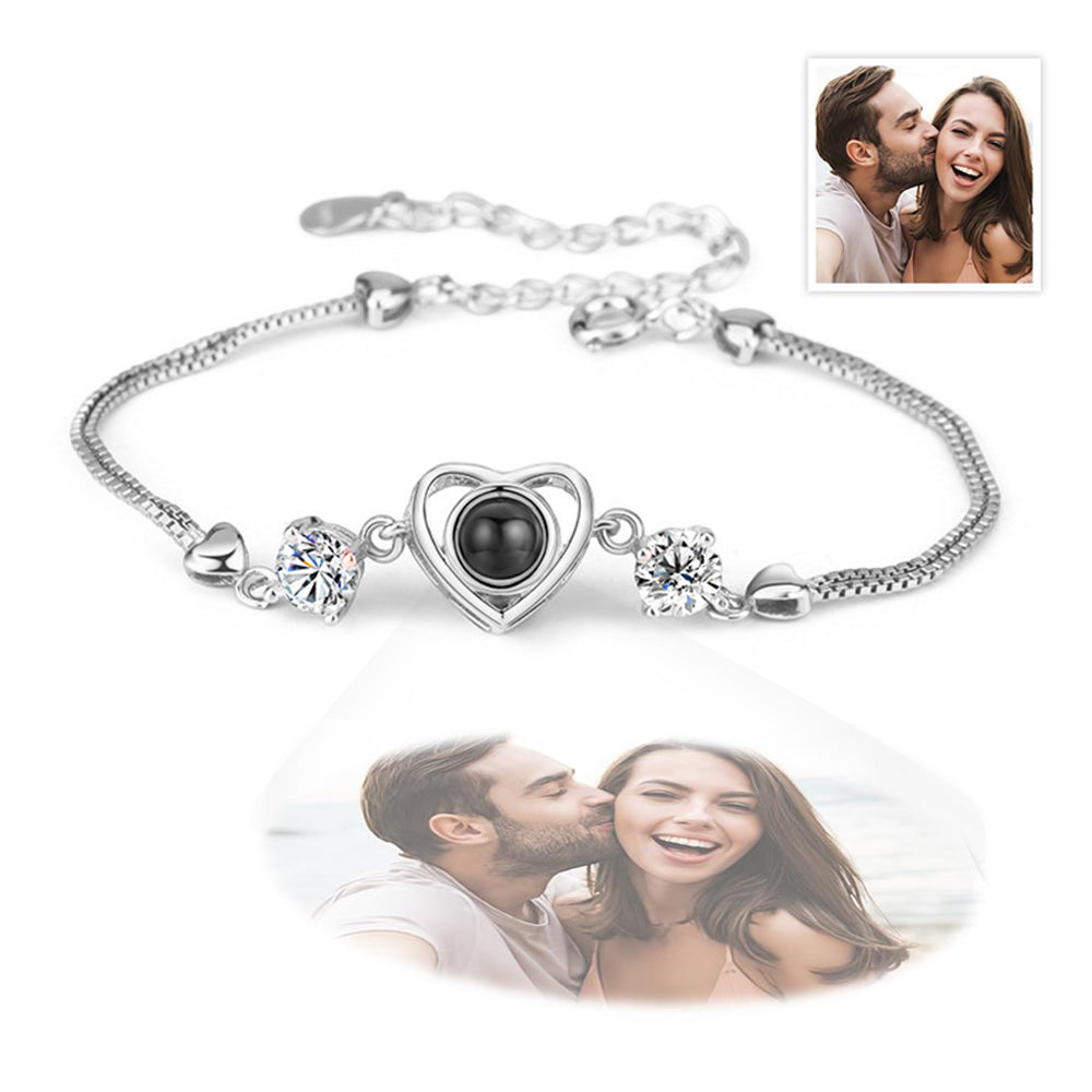 Bracelet personnalisé en argent sterling 925 avec projection de photo en forme de cœur