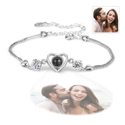 Bracelet personnalisé en argent sterling 925 avec projection de photo en forme de cœur