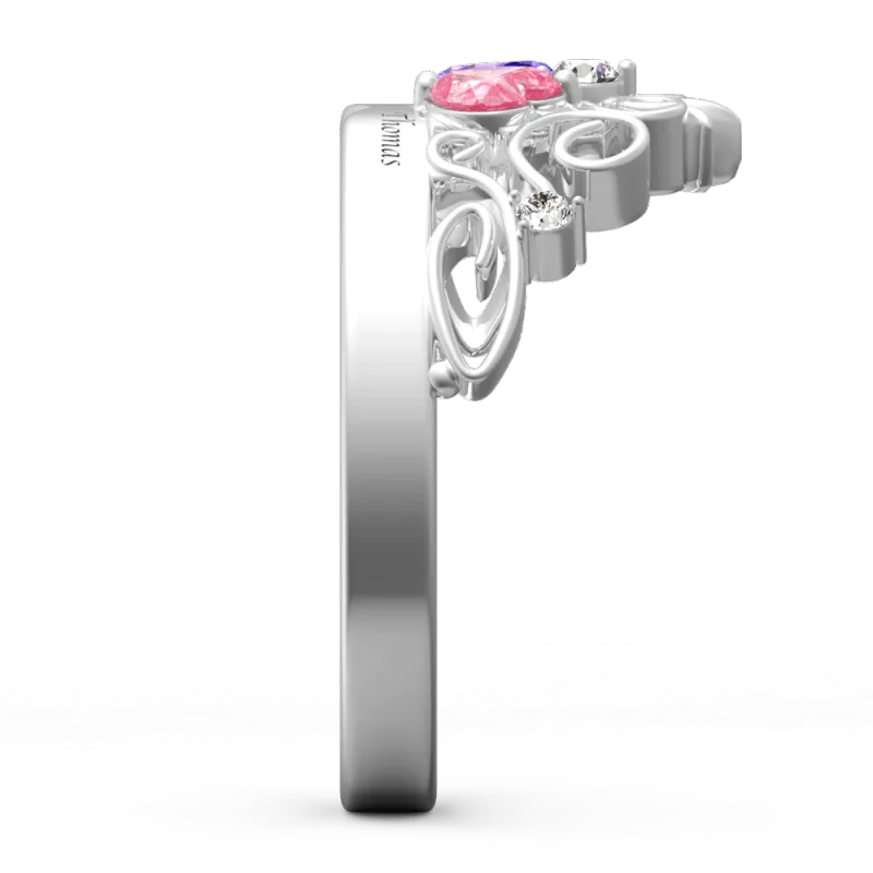 Personalized heart-shaped ring with birthstone and engraving of 2 names