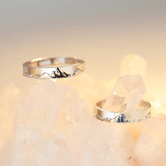 Matching adjustable rings for couples - Mountain and Ocean