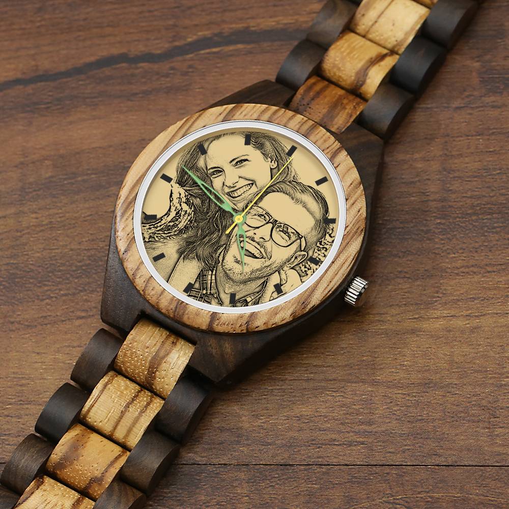 Montre photo en bois pour homme, gravée sur mesure, 45 mm