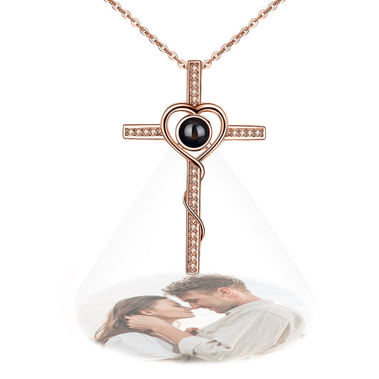 Personalized 925 sterling silver necklace with photo projection and cross
