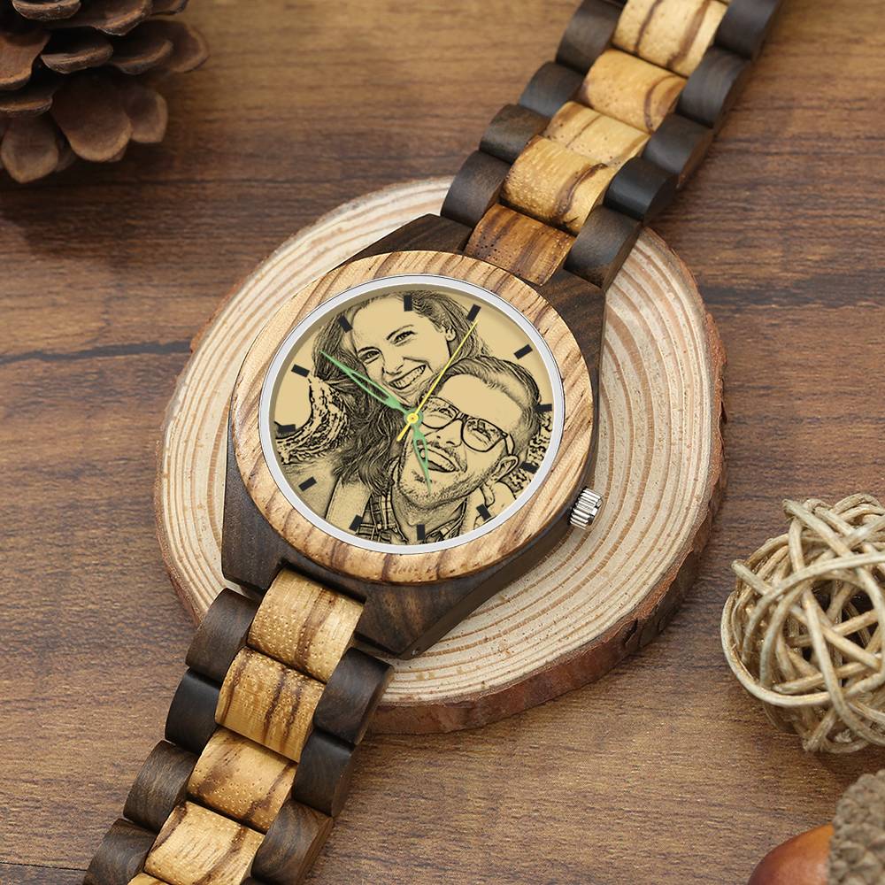 Montre photo en bois pour homme, gravée sur mesure, 45 mm