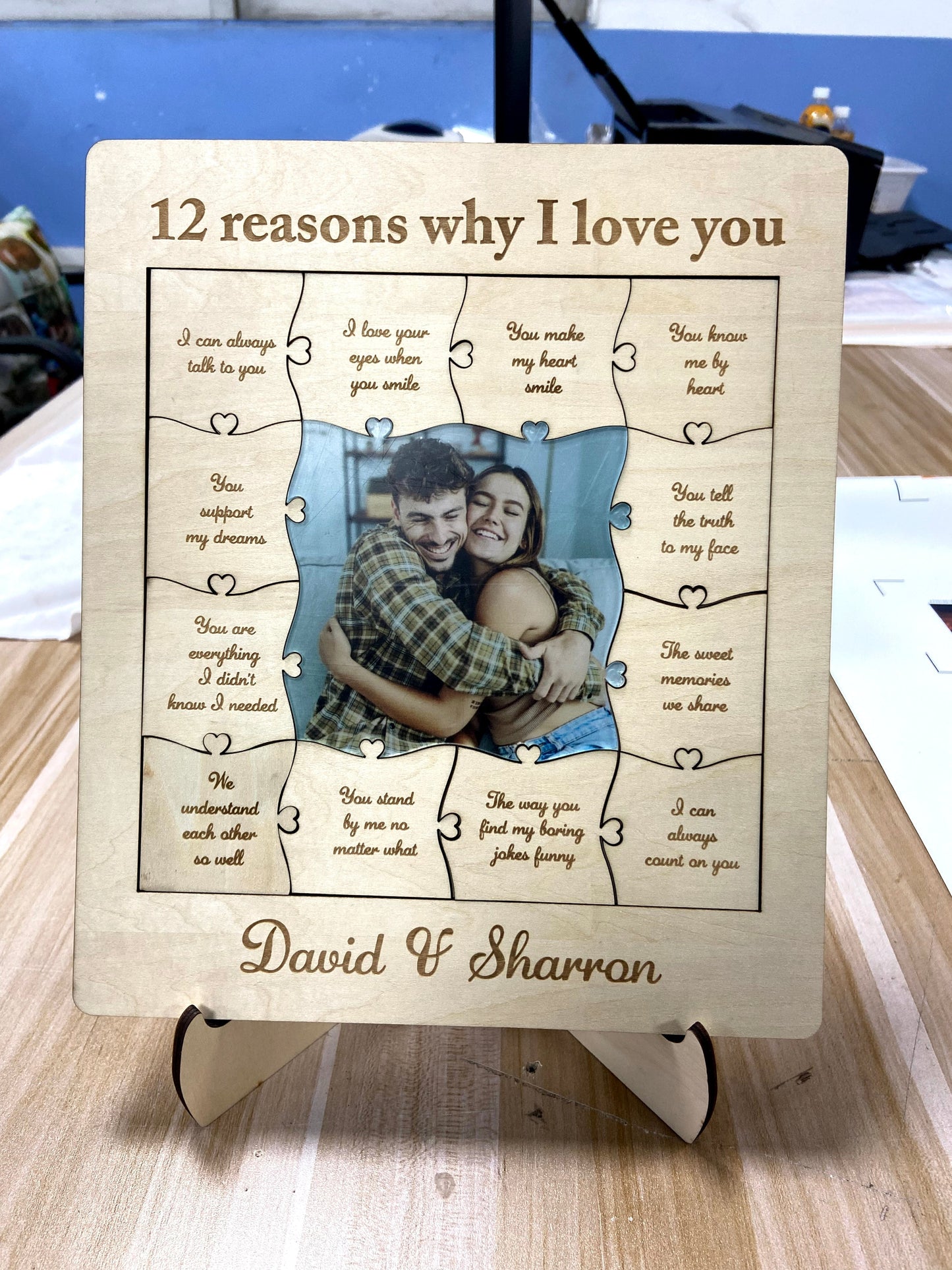 Personalized acrylic wood puzzle with photo and name "12 reasons why I love you"