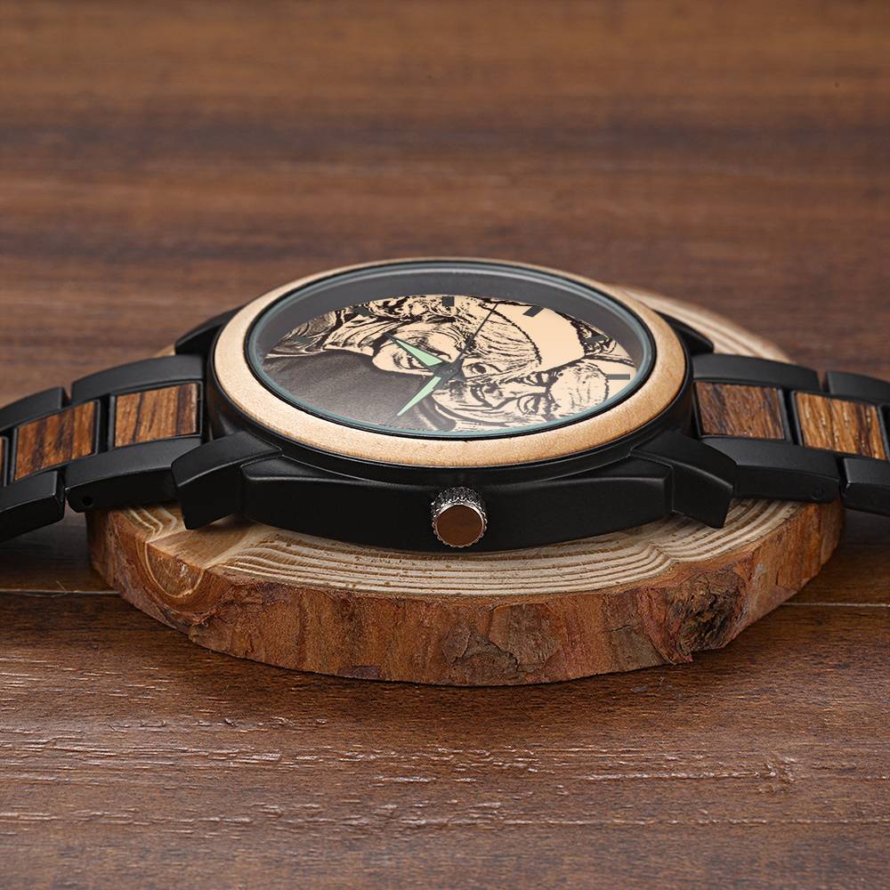 Montre photo personnalisée gravée avec bracelet en bois 45 mm