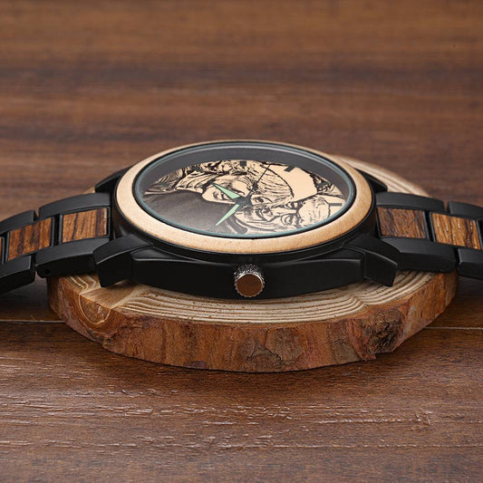 Personalized engraved photo watch with 45mm wooden strap
