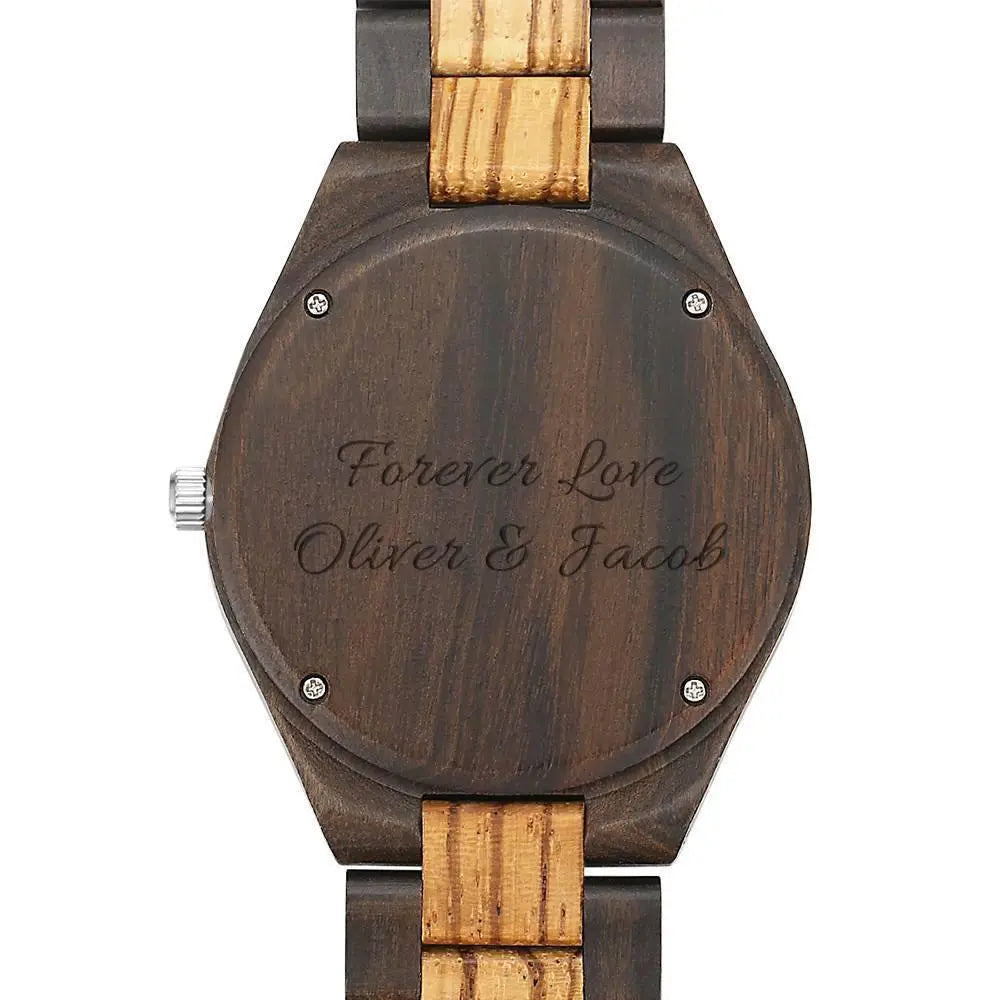 Montre homme en bois avec bracelet en bois gravé d'une photo personnalisée, 45 mm