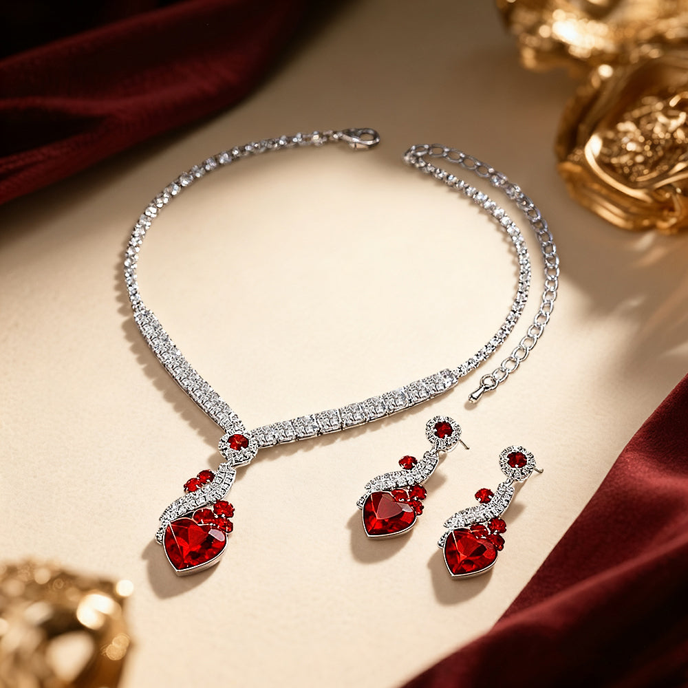 Heart-shaped rhinestone necklace and earrings