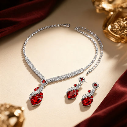 Heart-shaped rhinestone necklace and earrings