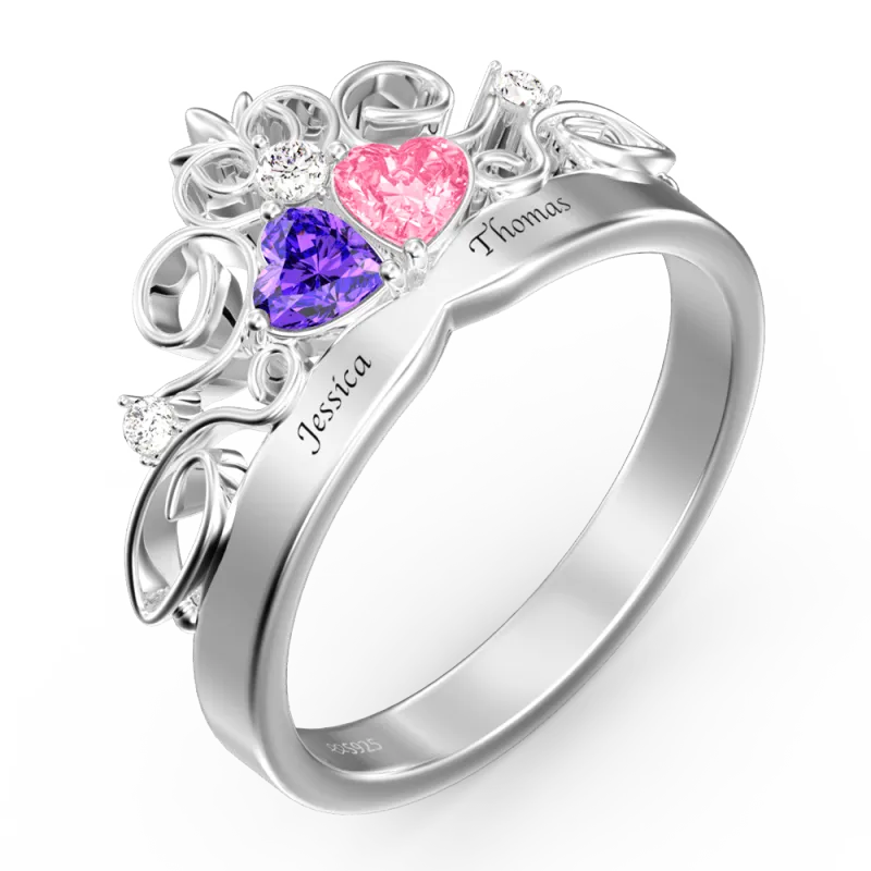 Personalized heart-shaped ring with birthstone and engraving of 2 names