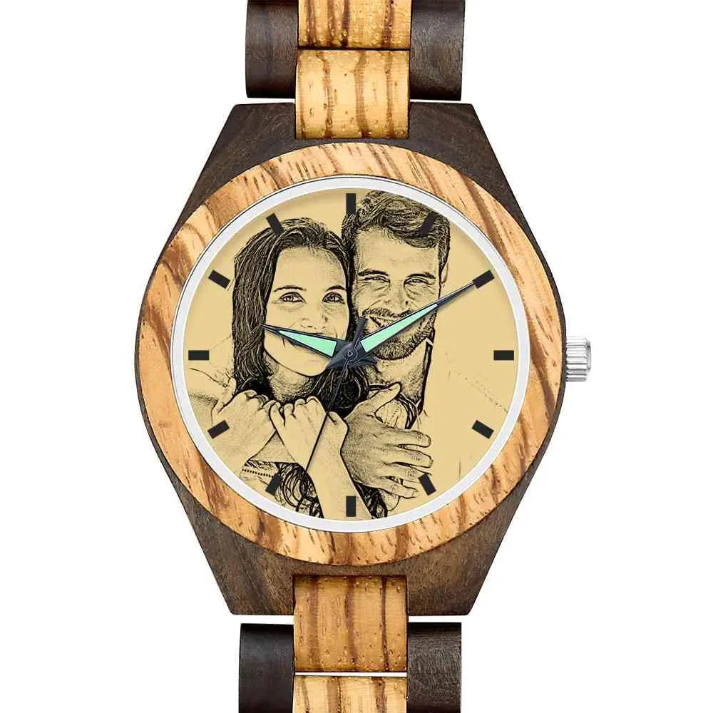 Montre homme en bois avec bracelet en bois gravé d'une photo personnalisée, 45 mm