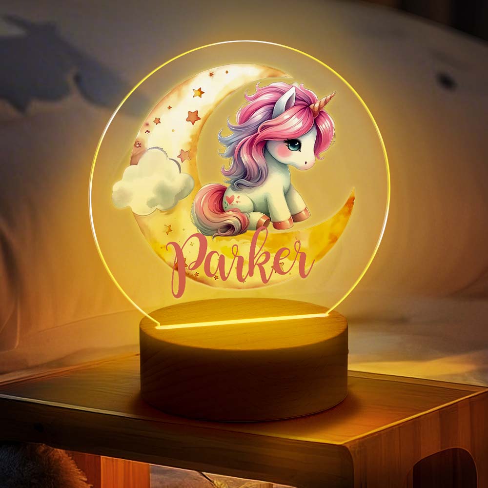 Veilleuse LED personnalisée Licorne Lune avec prénom