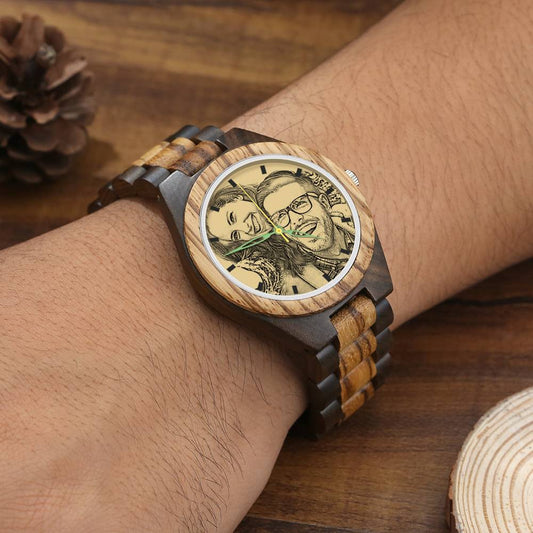 Men's wooden photo watch, custom engraved, 45 mm