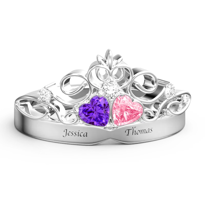 Personalized heart-shaped ring with birthstone and engraving of 2 names
