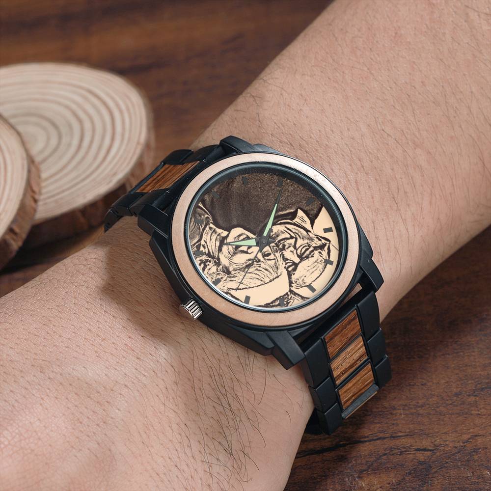 Montre photo personnalisée gravée avec bracelet en bois 45 mm