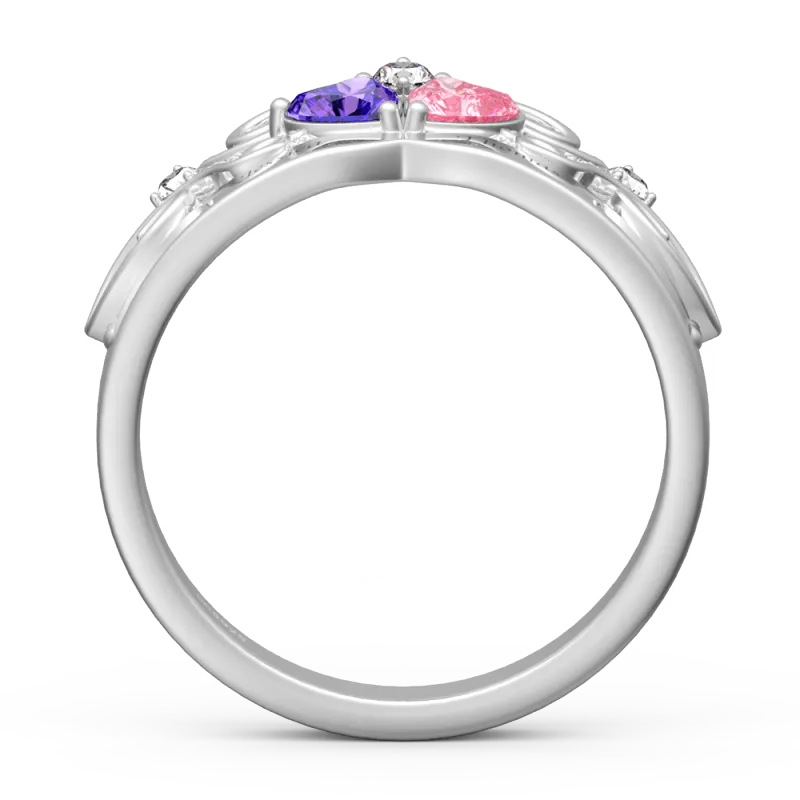 Personalized heart-shaped ring with birthstone and engraving of 2 names