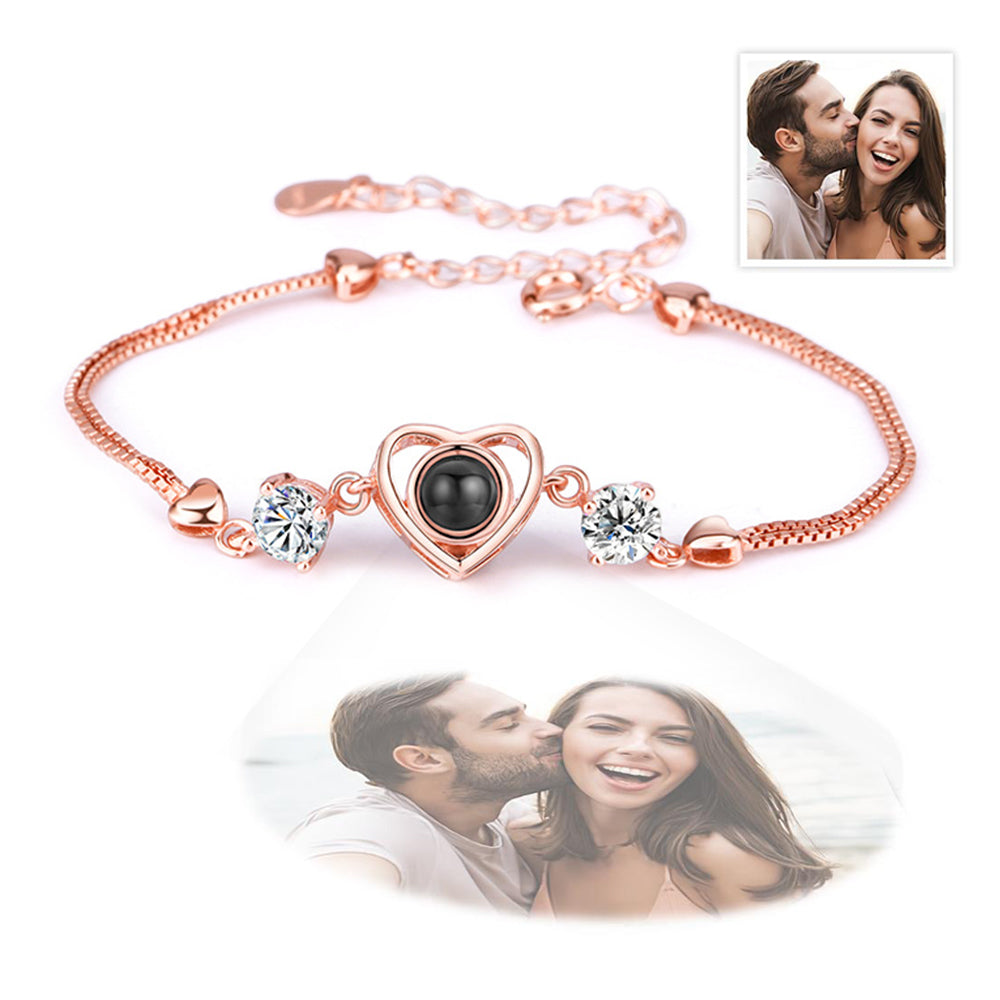 Bracelet personnalisé en argent sterling 925 avec projection de photo en forme de cœur