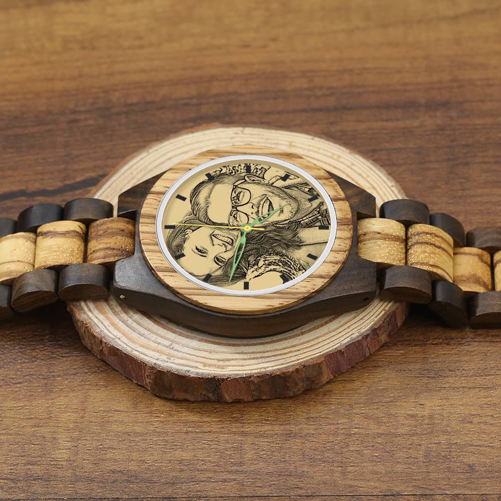Montre photo en bois pour homme, gravée sur mesure, 45 mm
