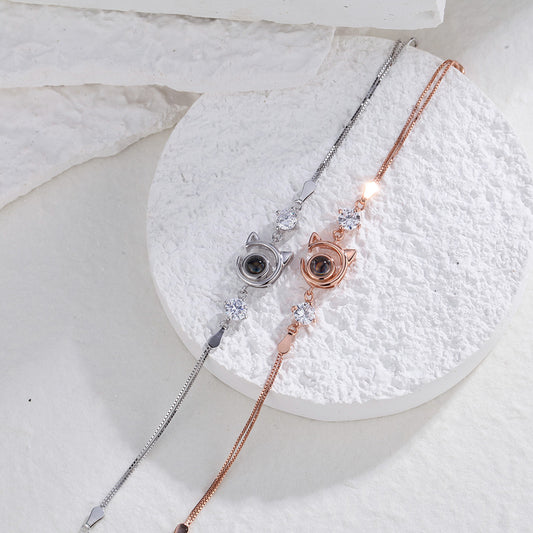 Personalized cat bracelet with photo projection in 925 sterling silver