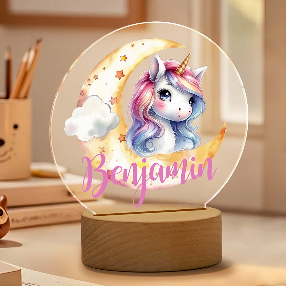 Veilleuse LED personnalisée Licorne Lune avec prénom